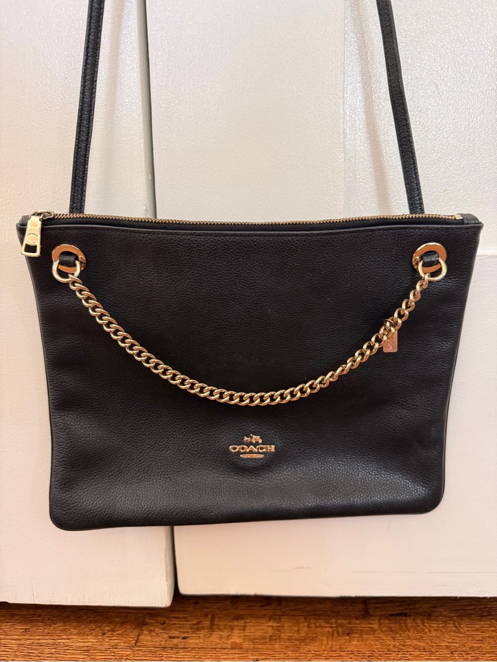 Coach Black Leather Shoulder Bag with Gold Chain